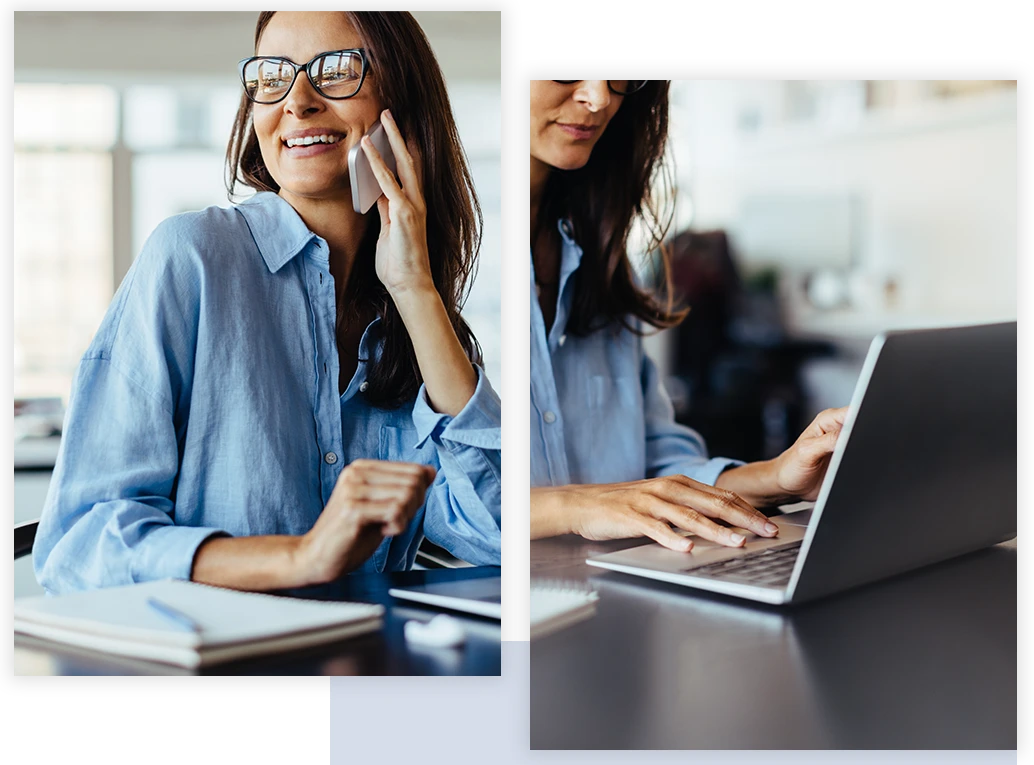 women talking on phone and working on computer