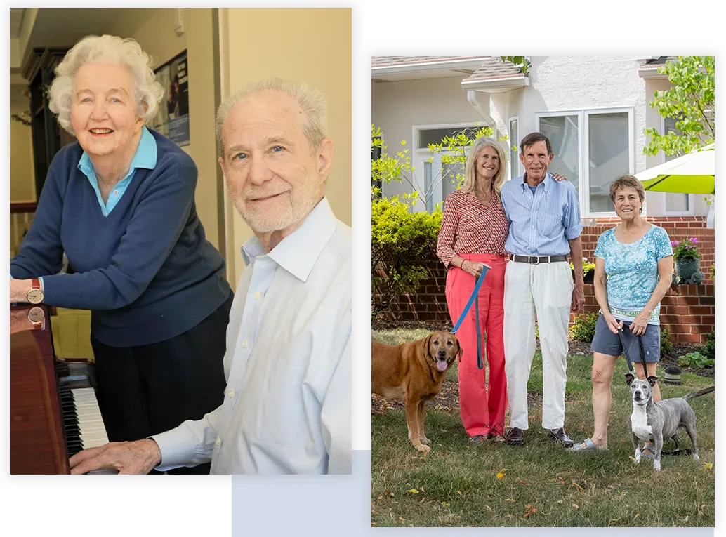 Residents playing piano and posing for picture with their dogs