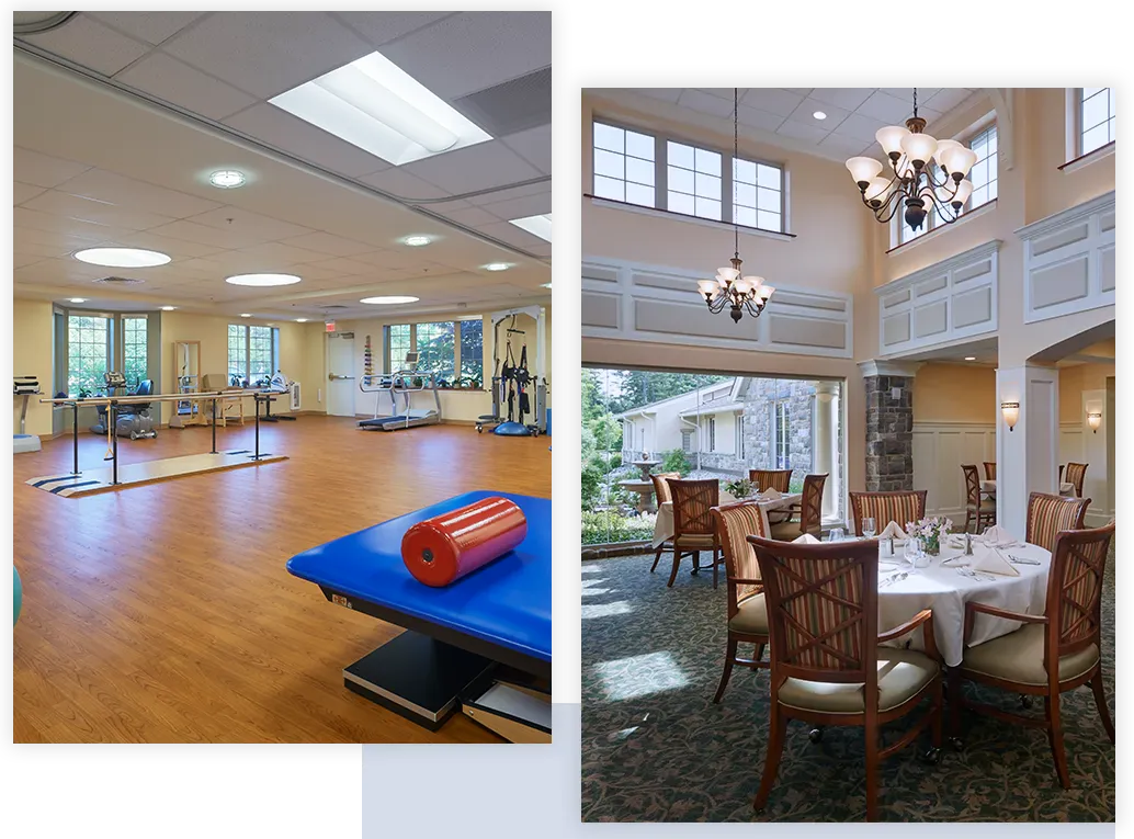 interior view of fitness center and dining area