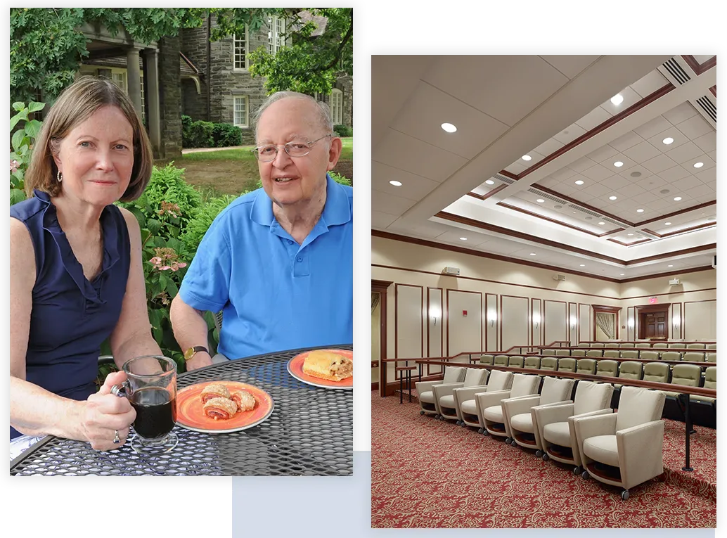 Family having coffee together and view of theater center